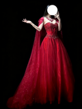 Elegant Ball Gown Sweetheart Red Tulle With Cape Beadings Floor Length Inspiration Long Prom Dresses HZ0311