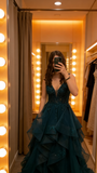 Classy Ball Gown V Neck Dark Green Tulle Appliques Prom Dresses Party Dress Long Evening Dresses HZ0311