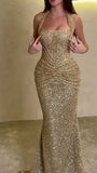 Modest Senior Prom Dresses High Schools Inspiration Mermaid Halter Gold Sequin With Pleated Semi Formal Grad Long Prom Dress For Teens HZ0311