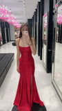 Elegant Mermaid Halter Red Satin With Slit Bodycon Evening Women Party Dresses Long Formal Prom Dress 16 Birthday Gown HZ0311