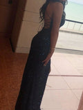 Elegant Mermaid Navy Blue Sequins Spaghetti Straps Long Evening Prom Dresses HZ0311