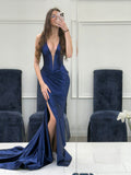 Classy Prom Dresses Inspiration Mermaid V Neck Navy Blue Satin Long Slit Semi Formal Dance Grad Prom Dress For Teens High Schools HZ0311