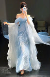 Mermaid Floor Length Light Sky Blue Off The Shoulder Long Prom Dresses Pleated Party Dresses For Women HZ0311