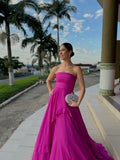 Classy A Line Strapless Satin Hot Pink Sleeveless Long Prom Dresses Classy Prom Party Gowns HZ0311