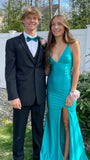 Elegant Mermaid Halter Blue Satin With Slit Bodycon Evening Women Party Dresses Long Formal Prom Dress 16 Birthday Gown HZ0311