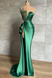 Glitter Mermaid One Shoulder Satin Green Slit Beads Long Prom Dresses Formal Party Dress Evening Gown HZ0311