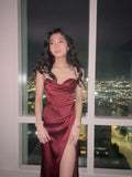 Classy Mermaid Spaghetti Straps Burgundy Satin Slit Prom Dresses Inspo For Teens Formal Dress Party Outfits Prom Gowns HZ0311