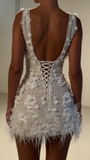 Sparkly Sheath V Neck White Feathers Beaded Wedding Dress Short Bridal Gown Wedding Dresses HZ0311