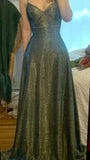 Green A-Line Spaghetti Straps Long Prom Dresses Sequins Evening Dresses HZ0311