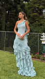 Simple Mermaid One Shoulder Light Sky Blue Chiffon With Ruffles Long Prom Dresses Impress Wedding Guest Dress Party Gown HZ0311