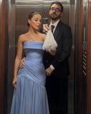 Graceful Mermaid Strapless Blue Chiffon Ruched Pleated Sleeveless Prom Dress Formal Evening Dress Party Gowns HZ0311