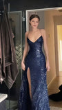 Modest Mermaid V Neckline Spaghetti Straps Ball Dresses Long Formal Gowns Black Sequin Slit Prom Dresses Evening Gowns HZ0311