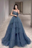 Gorgeous Blue Sparkly Tulle Beaded Prom Dress, Tiered Formal Gown with Rhinestone Party Gowns HZ0311
