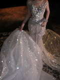 Luxurious Wedding Dresses Mermaid Scoop Neck With Beads Crystals Silver Sequin Bride Dress For Brides Fitted Bridal Gown HZ0311