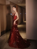 Sparkly Mermaid Spaghetti Straps Sequins Burgundy Long Formal Fancy Prom Evening Dress Dinner Outfits Classy Party Gowns HZ0311