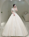 Timeless Wedding Dresses for Bride with Lace Appliques Ball Gown Scoop Tulle Women Dress Short Sleeves Bride Dress HZ0311