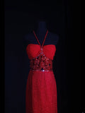 Vintage Sheath Halter 1950s Red Sequined Evening For Women Party Dresses Long Formal Prom Dresses 20th Birthday Gown HZ0311