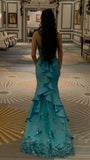 Vintage Mermaid Spaghetti Straps Blue Satin Floor Length Prom Dress Inspiration Long Prom Dresses HZ0311