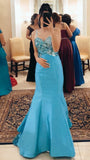 Vintage Mermaid Spaghetti Straps Blue Satin Floor Length Prom Dress Inspiration Long Prom Dresses HZ0311