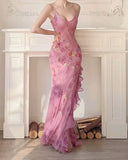 Vintage Mermaid Spaghetti Straps Pink Long Prom Dresses Inspiration Party Dress Prom Gown HZ0311