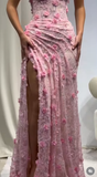 Classy Mermaid Halter V Neck Pink Lace With High Slit Prom Dress Aesthetic For Teens Formal Dresses Party Outfits Prom Gown HZ0311