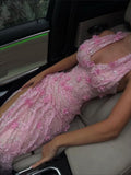 Classy Mermaid Halter V Neck Pink Lace With High Slit Prom Dress Aesthetic For Teens Formal Dresses Party Outfits Prom Gown HZ0311