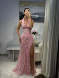 Classy Mermaid Halter V Neck Pink Lace With High Slit Prom Dress Aesthetic For Teens Formal Dresses Party Outfits Prom Gown HZ0311