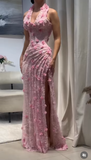 Classy Mermaid Halter V Neck Pink Lace With High Slit Prom Dress Aesthetic For Teens Formal Dresses Party Outfits Prom Gown HZ0311
