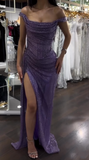 Shinning Mermaid Off The Shoulder Lilac Slit Sequins For Women Party Dresses Long Formal Prom Dresses 18th Birthday Gown HZ0311