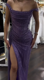 Shinning Mermaid Off The Shoulder Lilac Slit Sequins For Women Party Dresses Long Formal Prom Dresses 18th Birthday Gown HZ0311