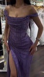 Shinning Mermaid Off The Shoulder Lilac Slit Sequins For Women Party Dresses Long Formal Prom Dresses 18th Birthday Gown HZ0311