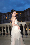 Modest Mermaid Spaghetti Strap Ivory Chiffon Party Dress Pleated Prom Dresses HZ0311