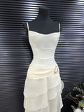 Modest Mermaid Spaghetti Strap Ivory Chiffon Party Dress Pleated Prom Dresses HZ0311