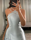 Elegant Baby Blue With Beaded Neck Mermaid Prom Dresses Evening Dress For Women HZ0311