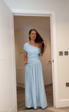 Women's Cocktail Party Gowns Sheath One Shoulder With Pleated Ruched Light Sky Blue Long Graduation Dinner Outfits Prom Dresses HZ0311