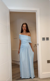Women's Cocktail Party Gowns Sheath One Shoulder With Pleated Ruched Light Sky Blue Long Graduation Dinner Outfits Prom Dresses HZ0311