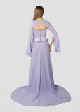 Elegant Mermaid 2 Pieces Square Neck Lilac Chiffon With Sleeves Long Formal Fancy Evening Dress Dinner Outfits Classy Party Gowns HZ0311