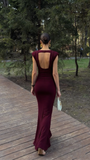 Elegant Mermaid Scoop Neck Burgundy With Sleeves Long Formal Fancy Evening Dress Dinner Outfits Classy Party Gowns HZ0311