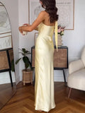 Simple Mermaid One Shoulder Slim Yellow Silky Satin Long Formal Fancy Prom Backless Evening Dress Dinner Outfits Classy Party Gowns HZ0311