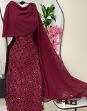 Elegant Sheath Navy Blue Sequins With Cape Long Formal Fancy Prom Evening Dress Dinner Outfits Classy Party Gowns HZ0311