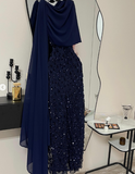 Elegant Sheath Navy Blue Sequins With Cape Long Formal Fancy Prom Evening Dress Dinner Outfits Classy Party Gowns HZ0311