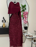 Elegant Sheath Navy Blue Sequins With Cape Long Formal Fancy Prom Evening Dress Dinner Outfits Classy Party Gowns HZ0311