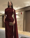 Elegant Sheath Navy Blue Sequins With Cape Long Formal Fancy Prom Evening Dress Dinner Outfits Classy Party Gowns HZ0311