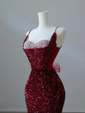Sparkly Mermaid Spaghetti Straps Sequins Burgundy Long Formal Fancy Prom Evening Dress Dinner Outfits Classy Party Gowns HZ0311