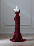 Sparkly Mermaid Spaghetti Straps Sequins Burgundy Long Formal Fancy Prom Evening Dress Dinner Outfits Classy Party Gowns HZ0311