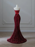 Sparkly Mermaid Spaghetti Straps Sequins Burgundy Long Formal Fancy Prom Evening Dress Dinner Outfits Classy Party Gowns HZ0311