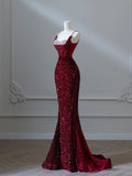 Sparkly Mermaid Spaghetti Straps Sequins Burgundy Long Formal Fancy Prom Evening Dress Dinner Outfits Classy Party Gowns HZ0311