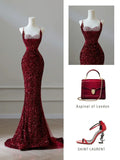 Sparkly Mermaid Spaghetti Straps Sequins Burgundy Long Formal Fancy Prom Evening Dress Dinner Outfits Classy Party Gowns HZ0311