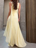 Classy Mermaid Square Neck Slim Yellow Long Formal Fancy Prom Evening Dresses Dinner Outfits Classy Party Gown HZ0311