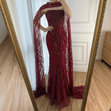 Elegant Mermaid Strapless Burgundy With Sequins Scarf Long Formal Fancy Evening Dress Dinner Outfits Classy Party Gowns HZ0311